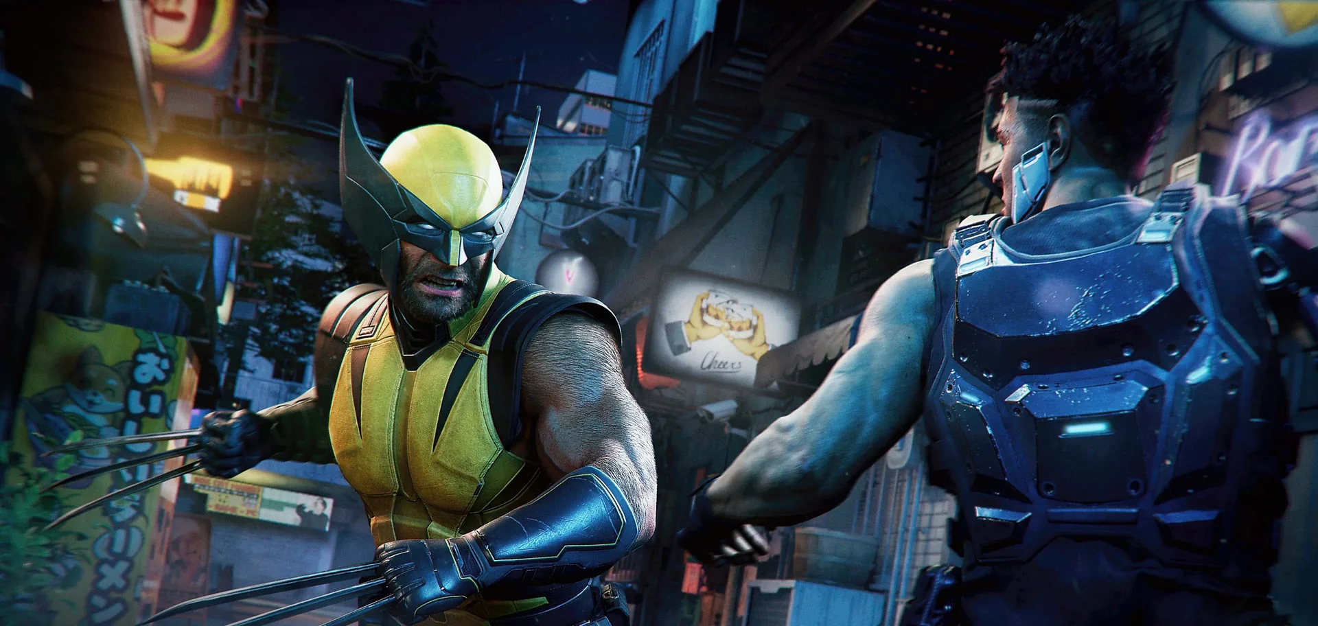 Wolverine battles an armoured Reaver in a neon Madripoor alley