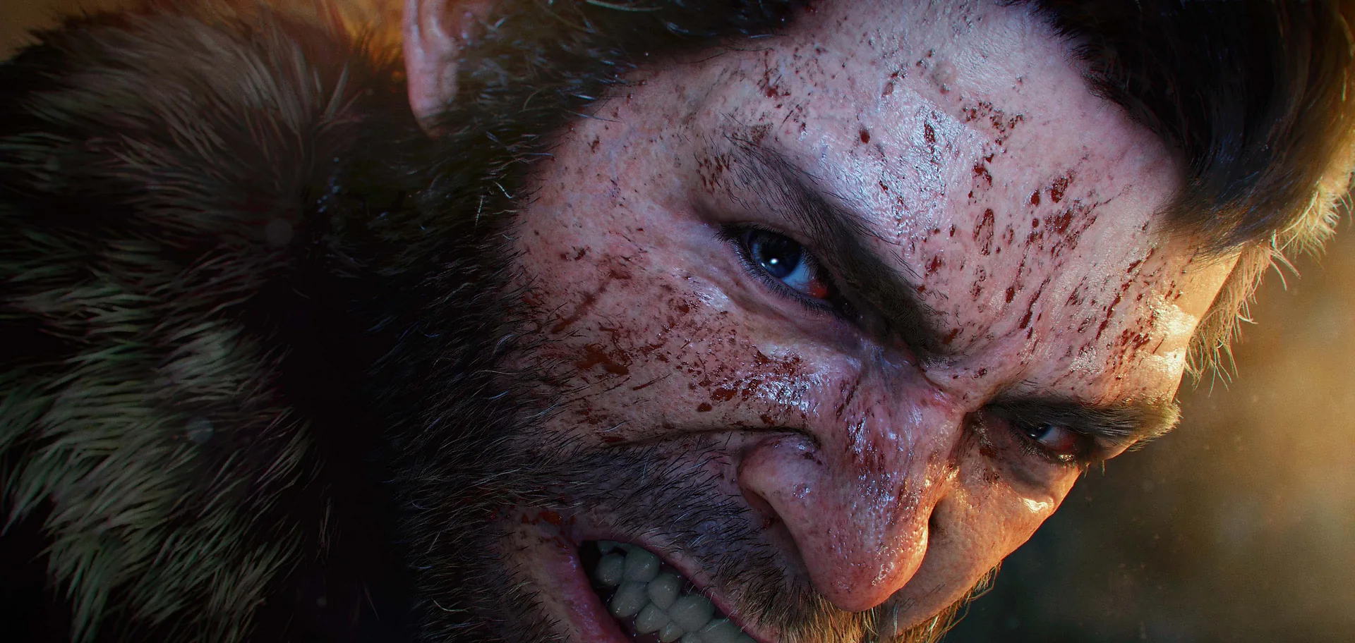 Logan, bloodied and snarling, stares down an unseen enemy
