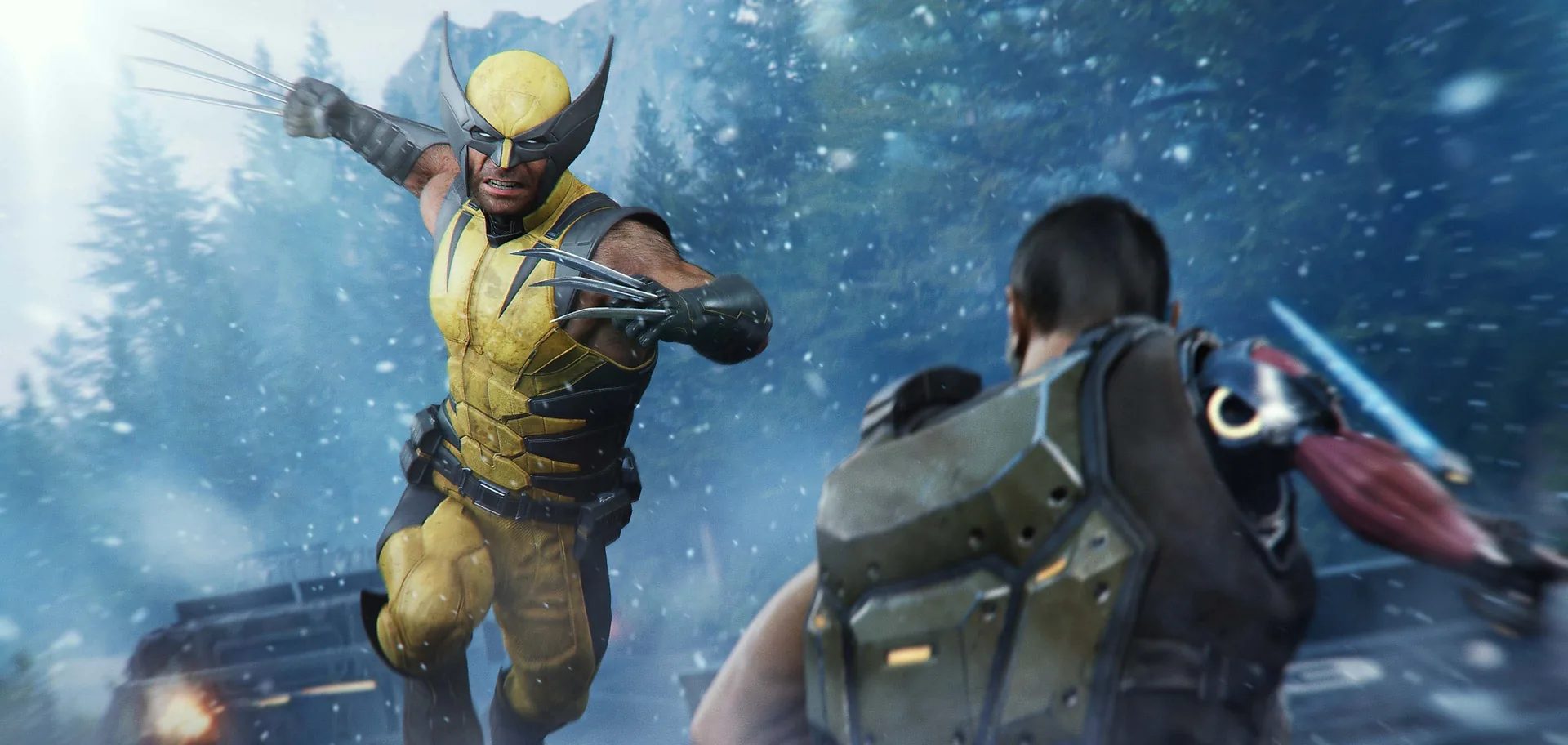 Wolverine leaps onto a soldier in a snow-covered forest clearing