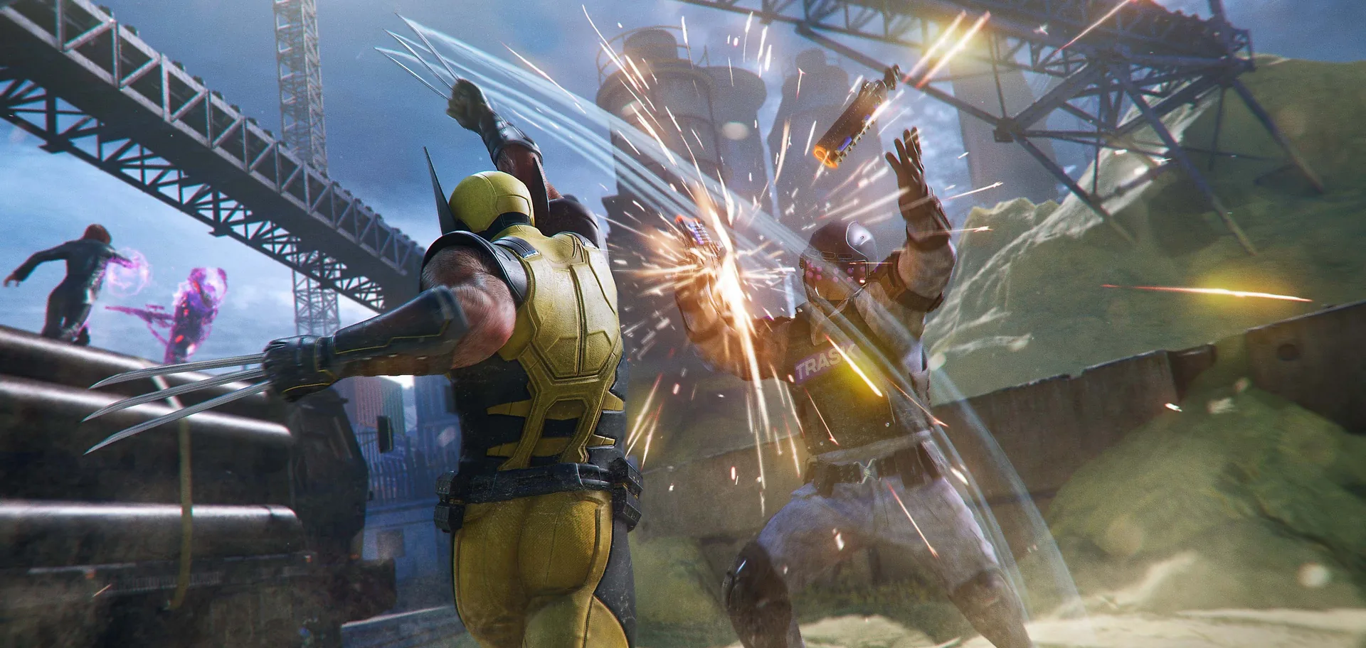 Wolverine trades blows with a Reaver on a rain-slick construction site