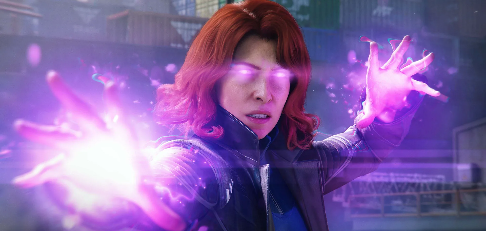 A mutant ally unleashes a surge of violet psionic energy in a neon-lit street