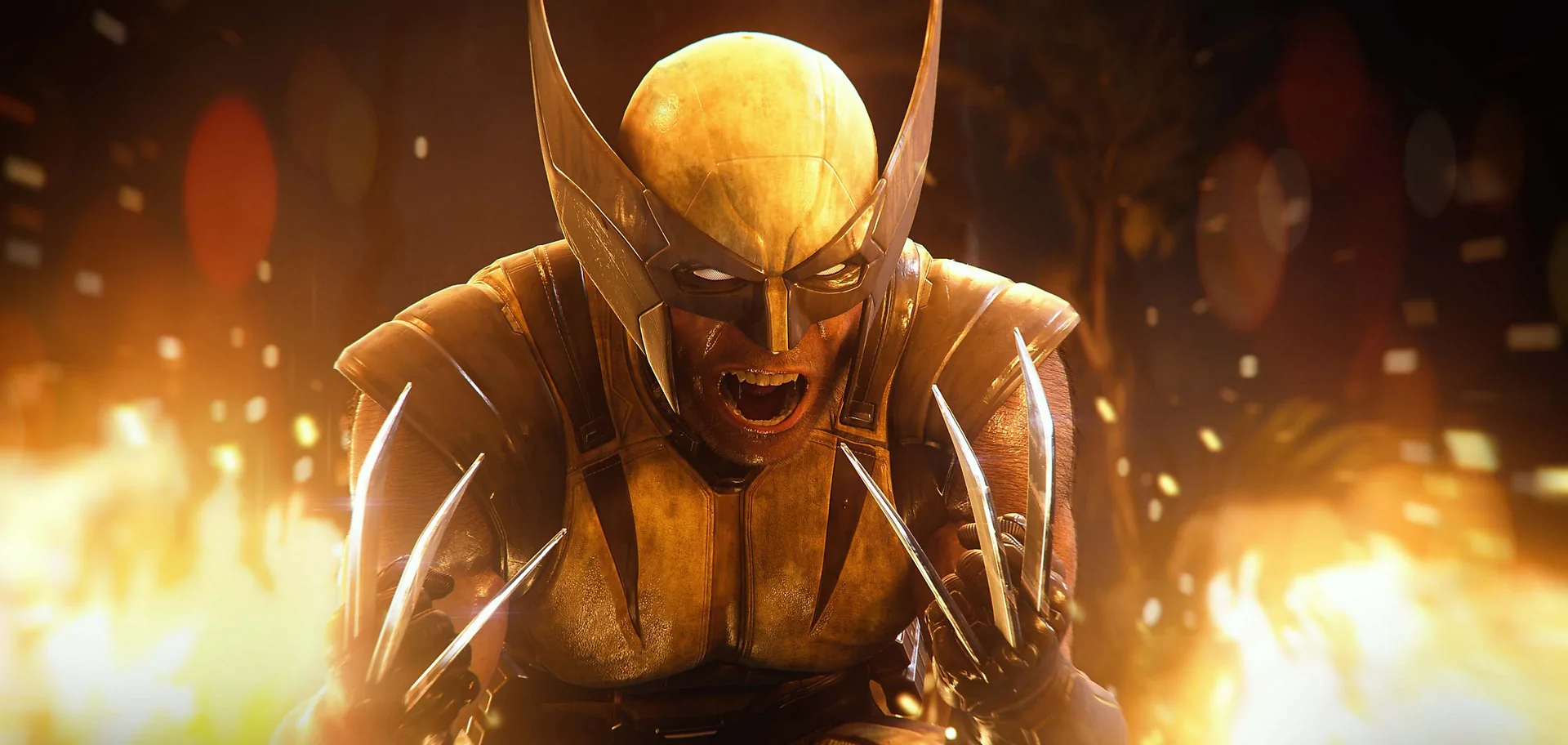 Wolverine advances through a wall of flame, claws low