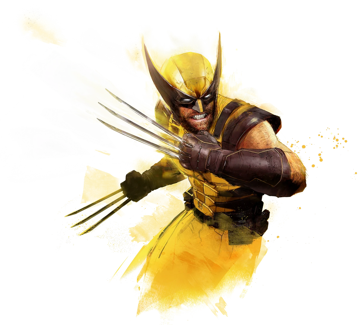 Wolverine in his classic yellow and brown suit, claws drawn
